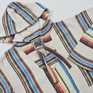 Senor Lopez Mens Large Baja Hoodie Cream Striped Mexican Pullover Drug Rug Boho